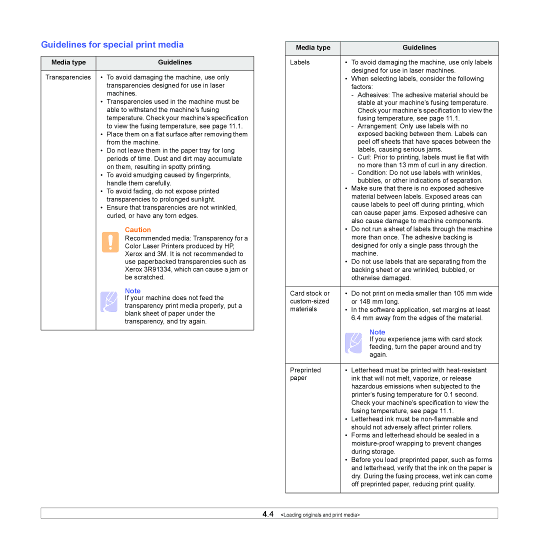 Samsung SCX-4500 manual Guidelines for special print media, Media type Guidelines 