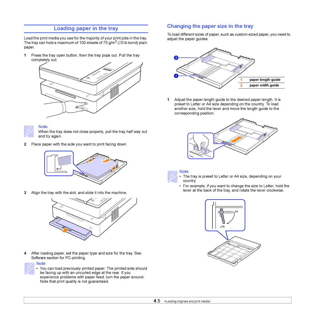 Samsung SCX-4500 manual Loading paper in the tray, Changing the paper size in the tray 