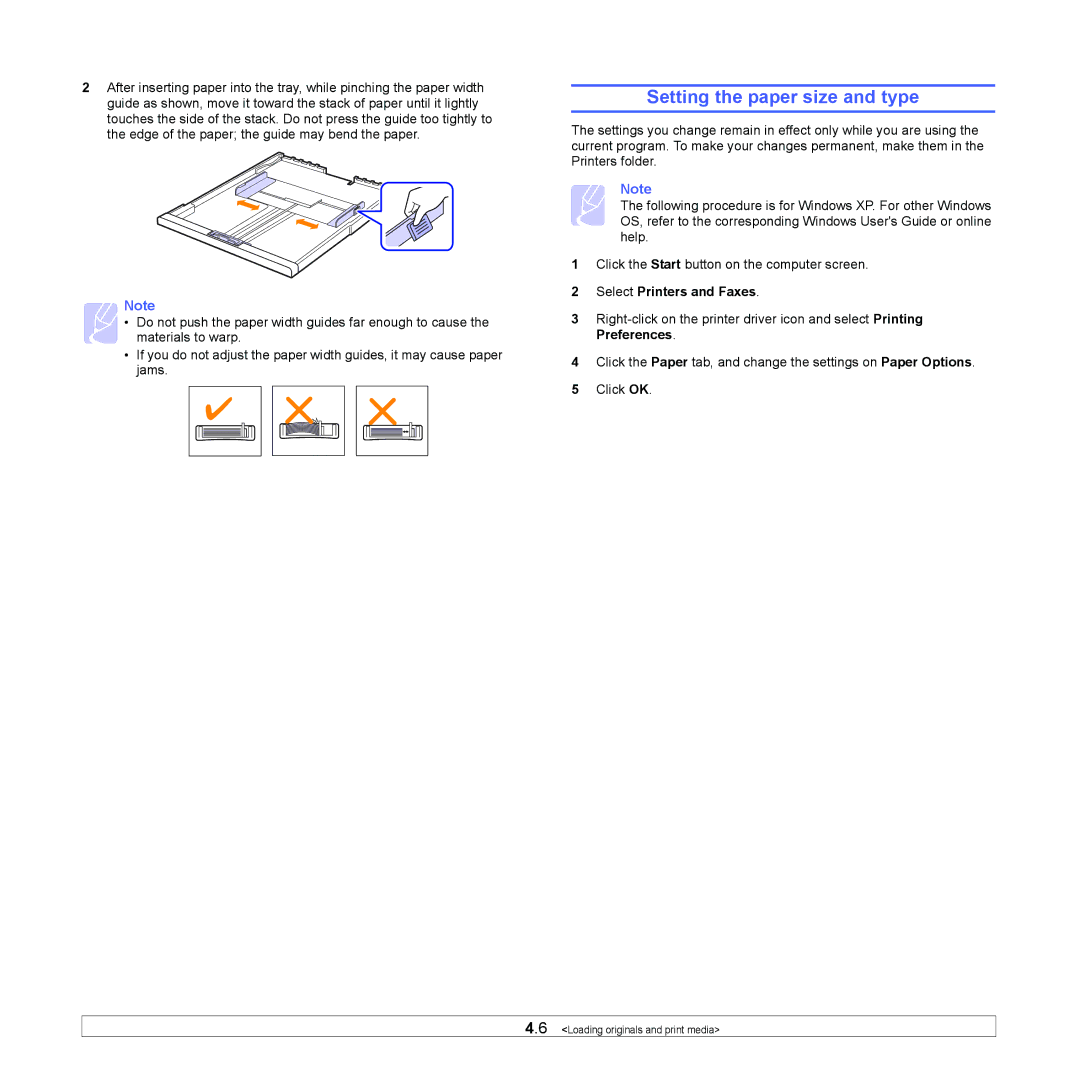 Samsung SCX-4500 manual Setting the paper size and type, Select Printers and Faxes 