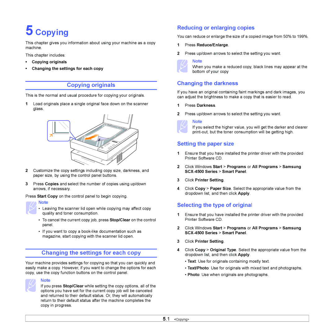 Samsung SCX-4500 manual Copying originals, Changing the settings for each copy 