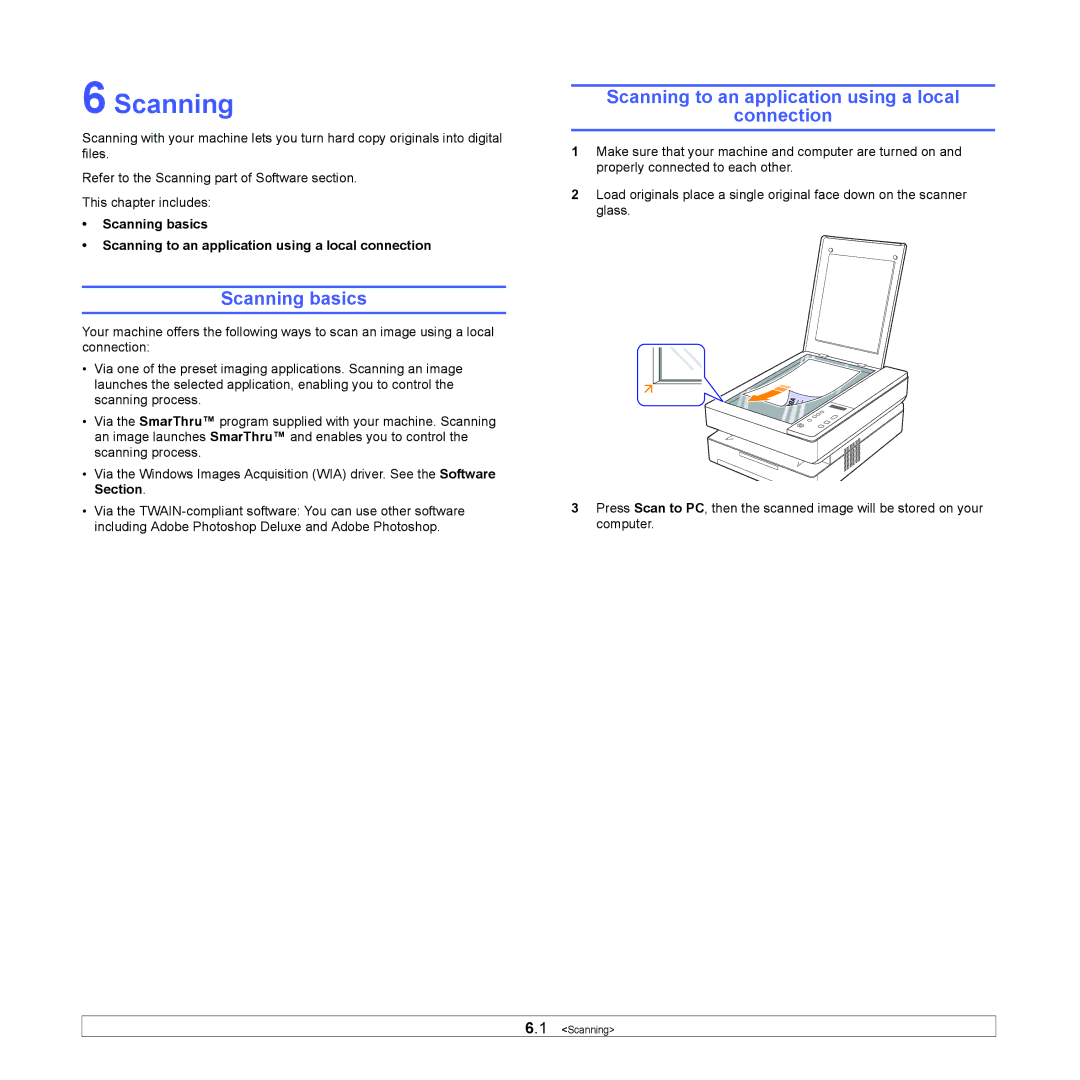 Samsung SCX-4500 manual Scanning basics, Scanning to an application using a local Connection 