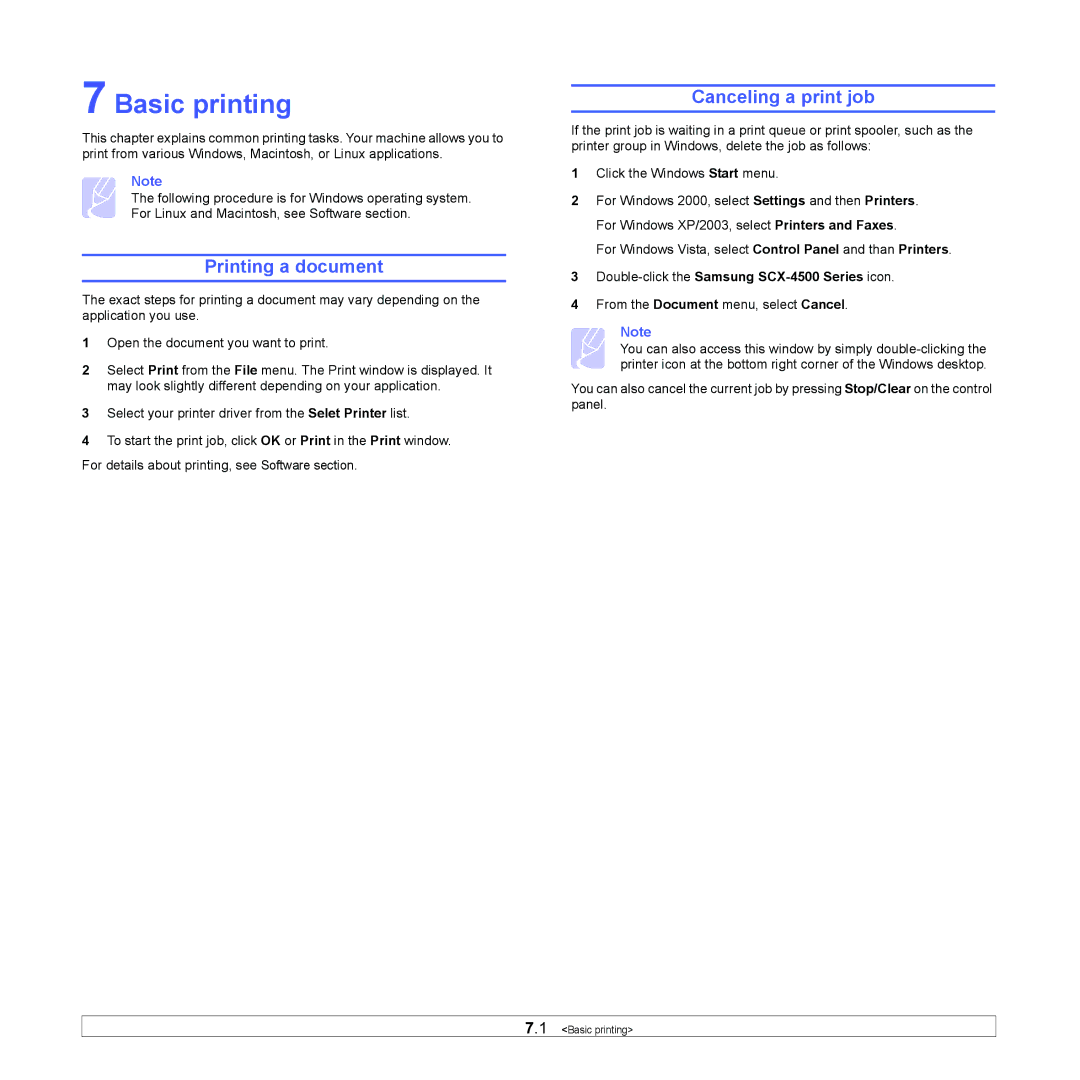 Samsung manual Basic printing, Printing a document, Canceling a print job, Double-click the Samsung SCX-4500 Series icon 