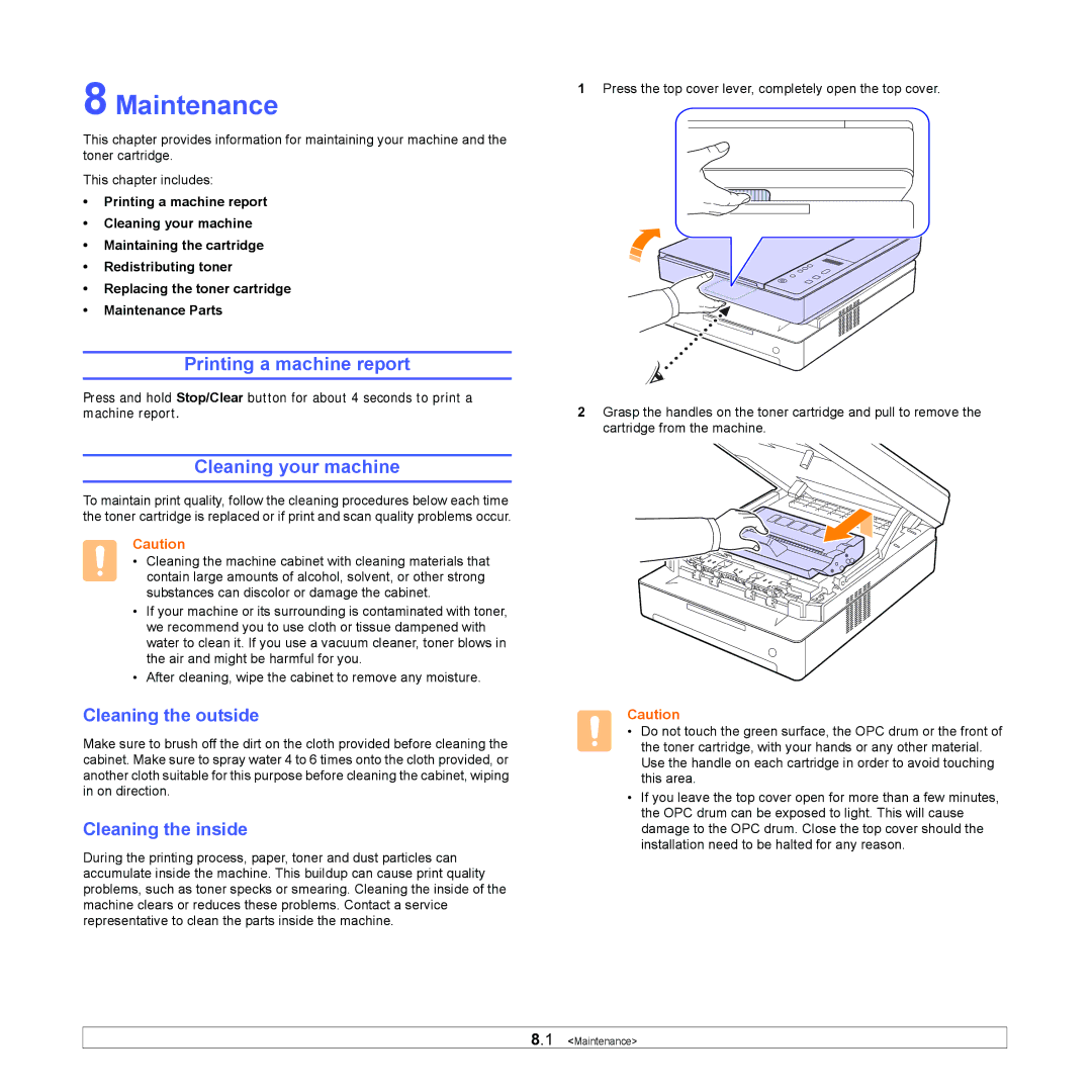 Samsung SCX-4500 Maintenance, Printing a machine report, Cleaning your machine, Cleaning the outside, Cleaning the inside 