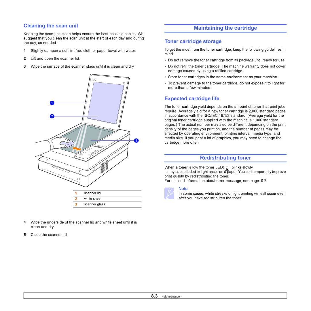 Samsung SCX-4500 manual Maintaining the cartridge, Redistributing toner, Cleaning the scan unit, Toner cartridge storage 