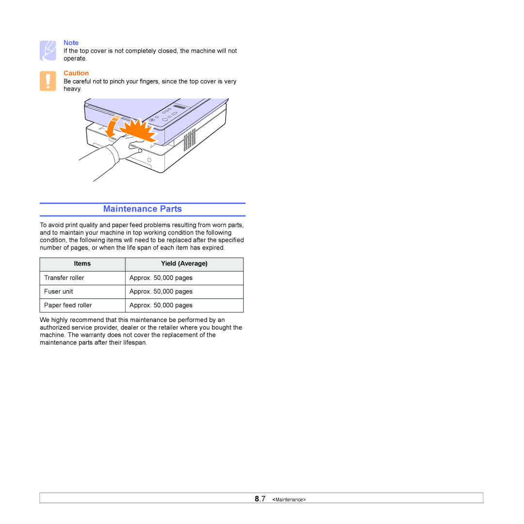 Samsung SCX-4500 manual Maintenance Parts, Items Yield Average 