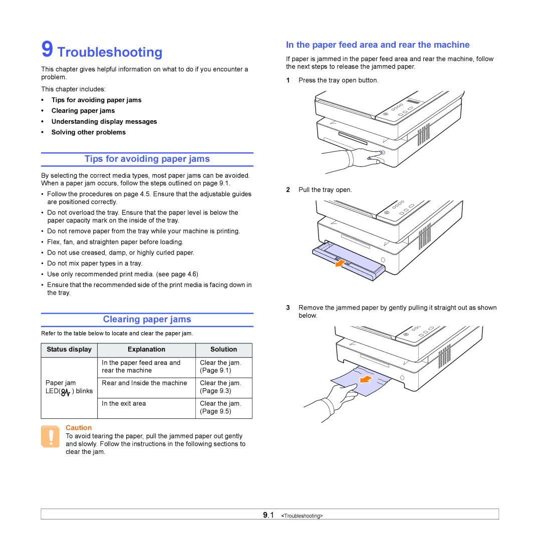 Samsung SCX-4500 Troubleshooting, Tips for avoiding paper jams, Clearing paper jams, Paper feed area and rear the machine 