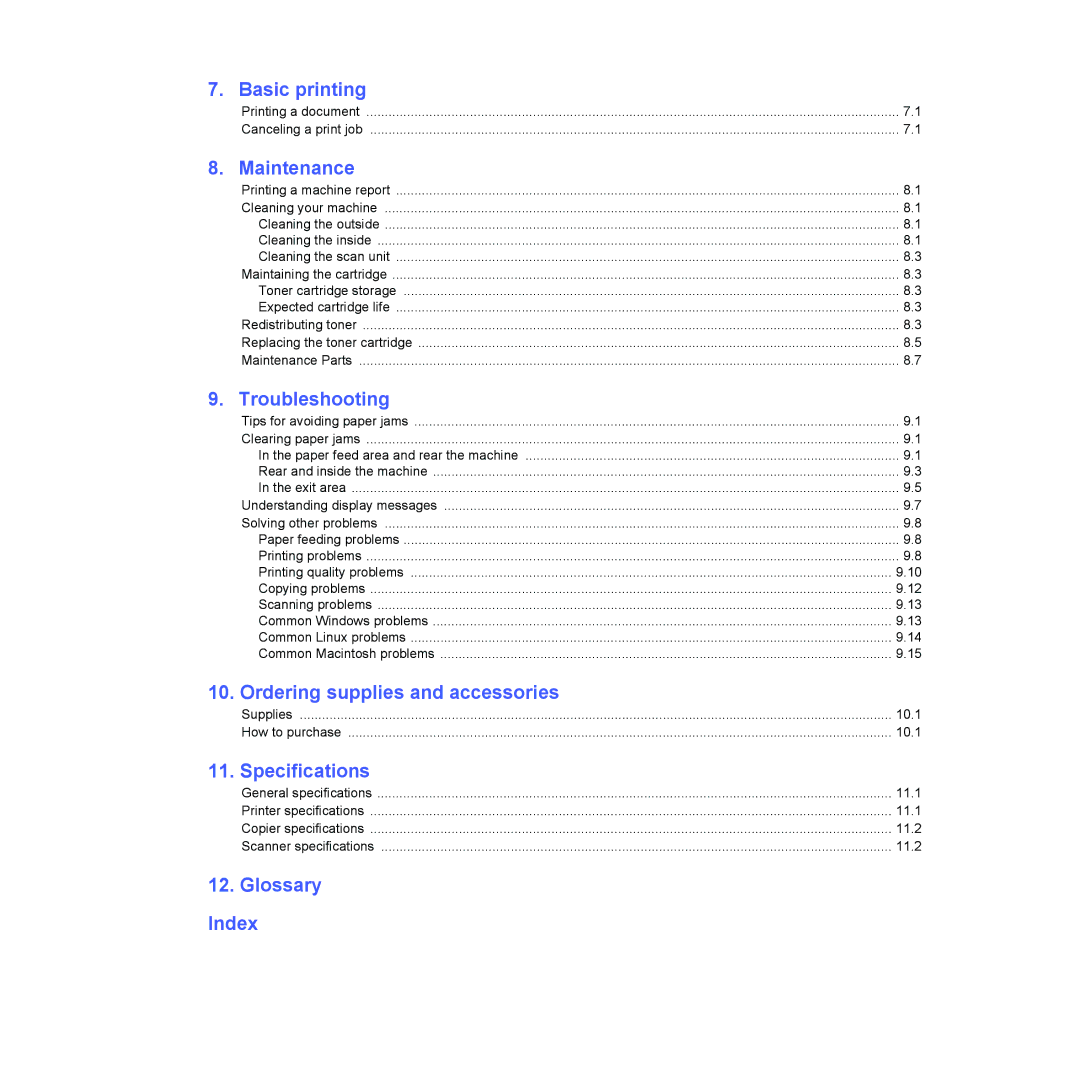 Samsung SCX-4500 manual Basic printing, Maintenance, Troubleshooting, Ordering supplies and accessories, Specifications 