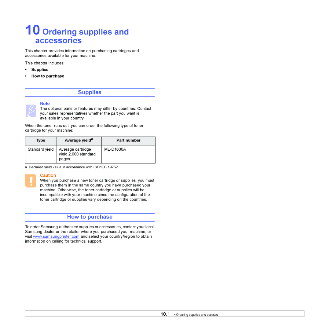 Samsung SCX-4500 Ordering supplies and accessories, Supplies How to purchase, Type Average yielda Part number 