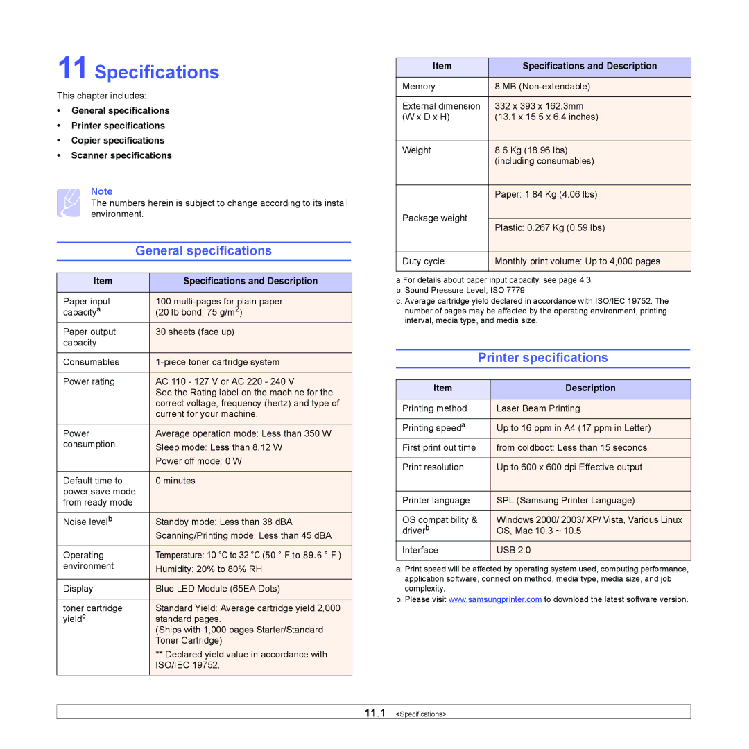 Samsung SCX-4500 manual General specifications, Printer specifications, Specifications and Description 