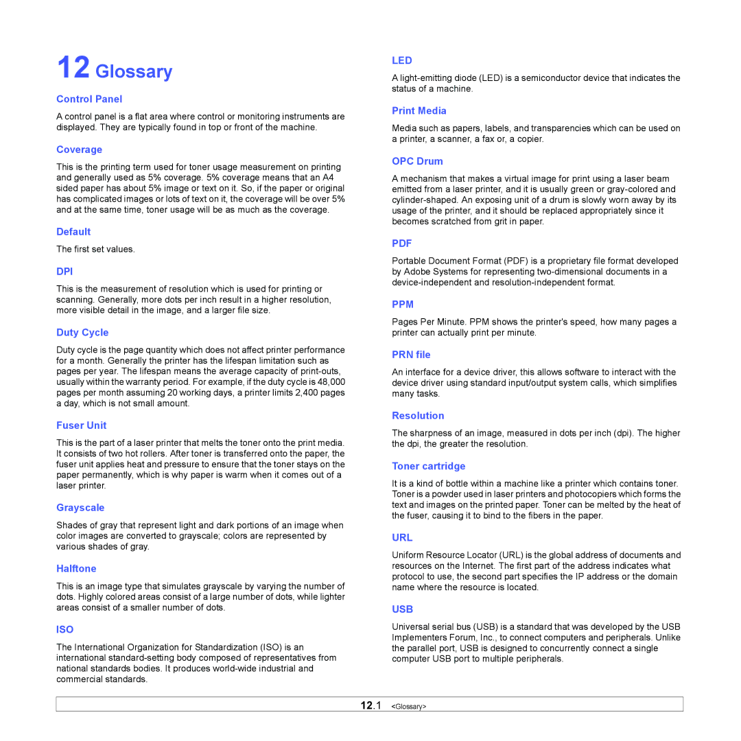 Samsung SCX-4500 manual Glossary, Control Panel 