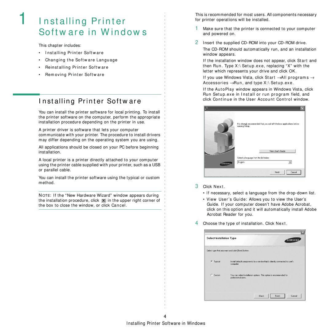 Samsung SCX-4500 manual Installing Printer Software in Windows 