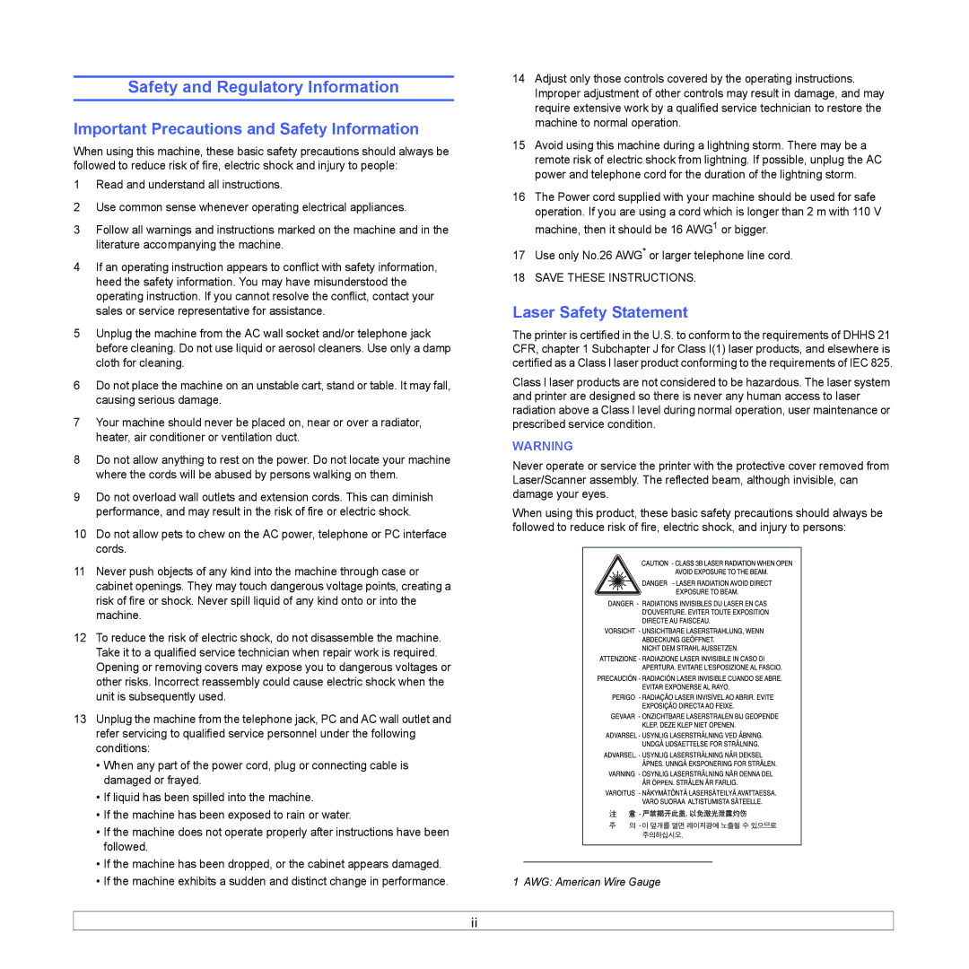 Samsung SCX-4500 Safety and Regulatory Information, Important Precautions and Safety Information, Laser Safety Statement 