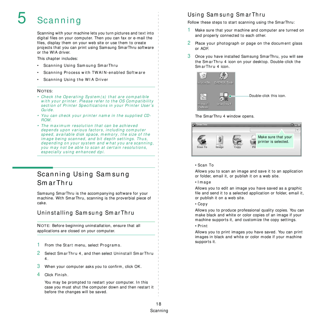 Samsung SCX-4500 manual Scanning Using Samsung SmarThru, Uninstalling Samsung SmarThru 