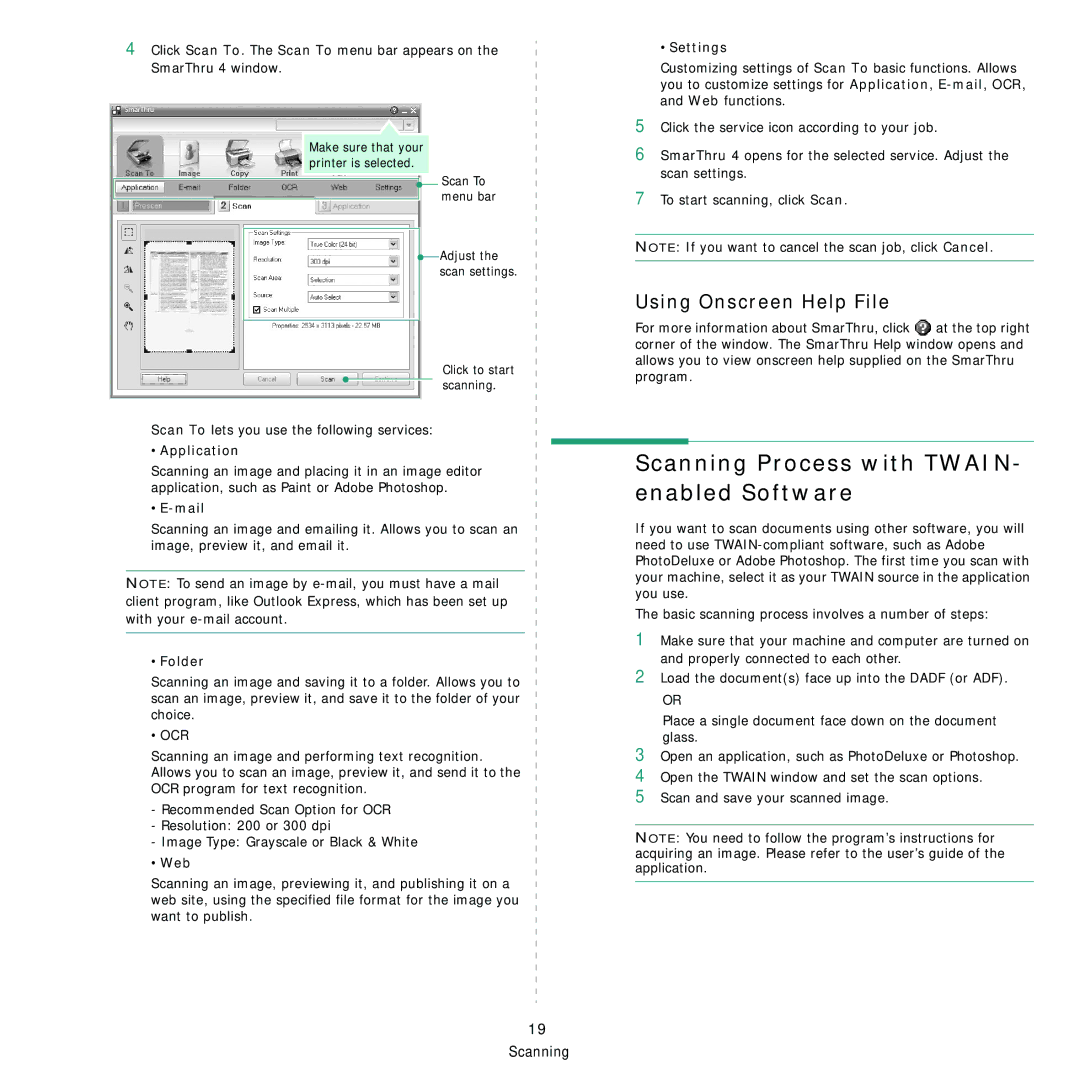 Samsung SCX-4500 manual Scanning Process with TWAIN- enabled Software, Using Onscreen Help File 