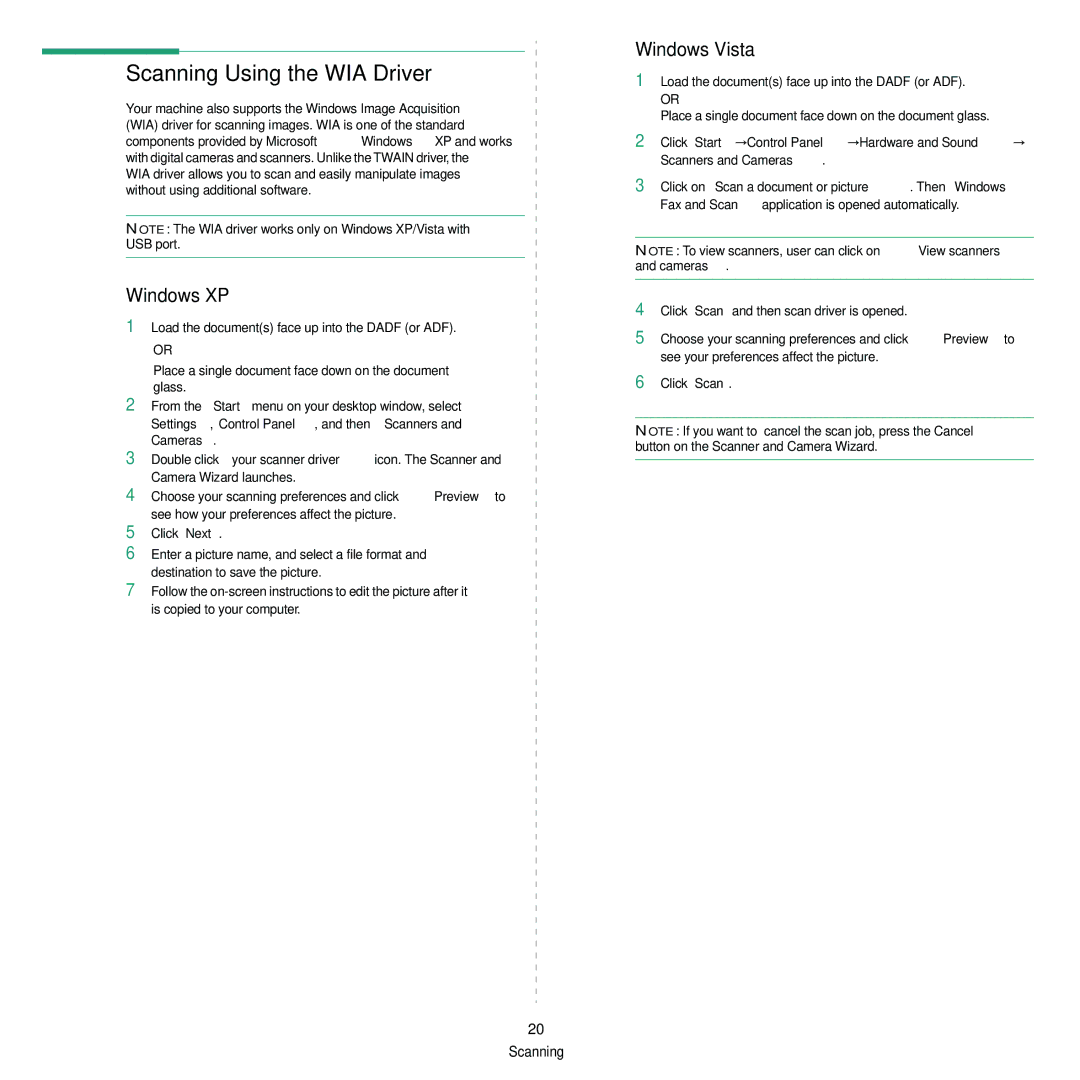 Samsung SCX-4500 manual Scanning Using the WIA Driver, Windows XP, Windows Vista 