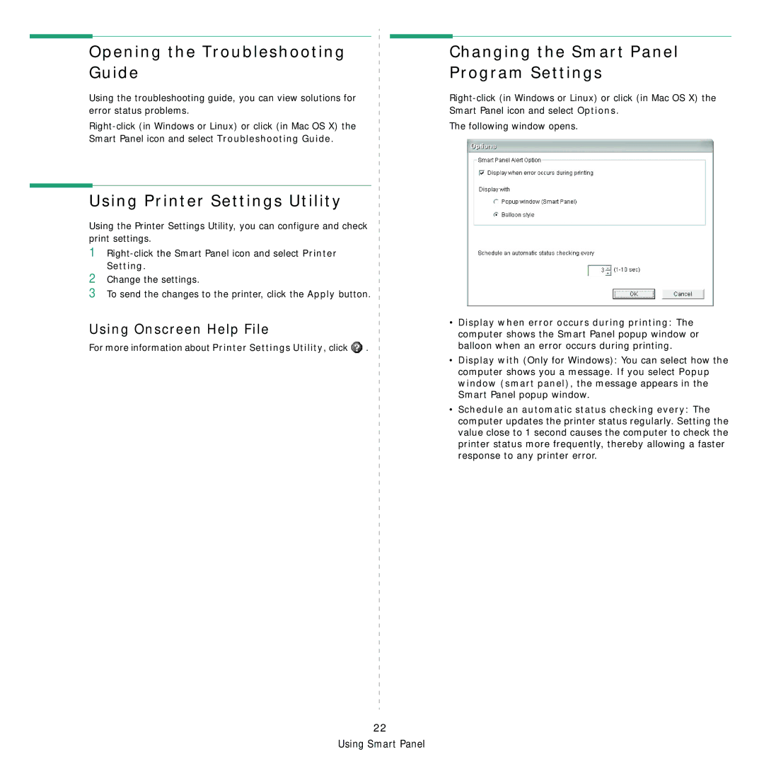 Samsung SCX-4500 manual Opening the Troubleshooting Guide, Using Printer Settings Utility 