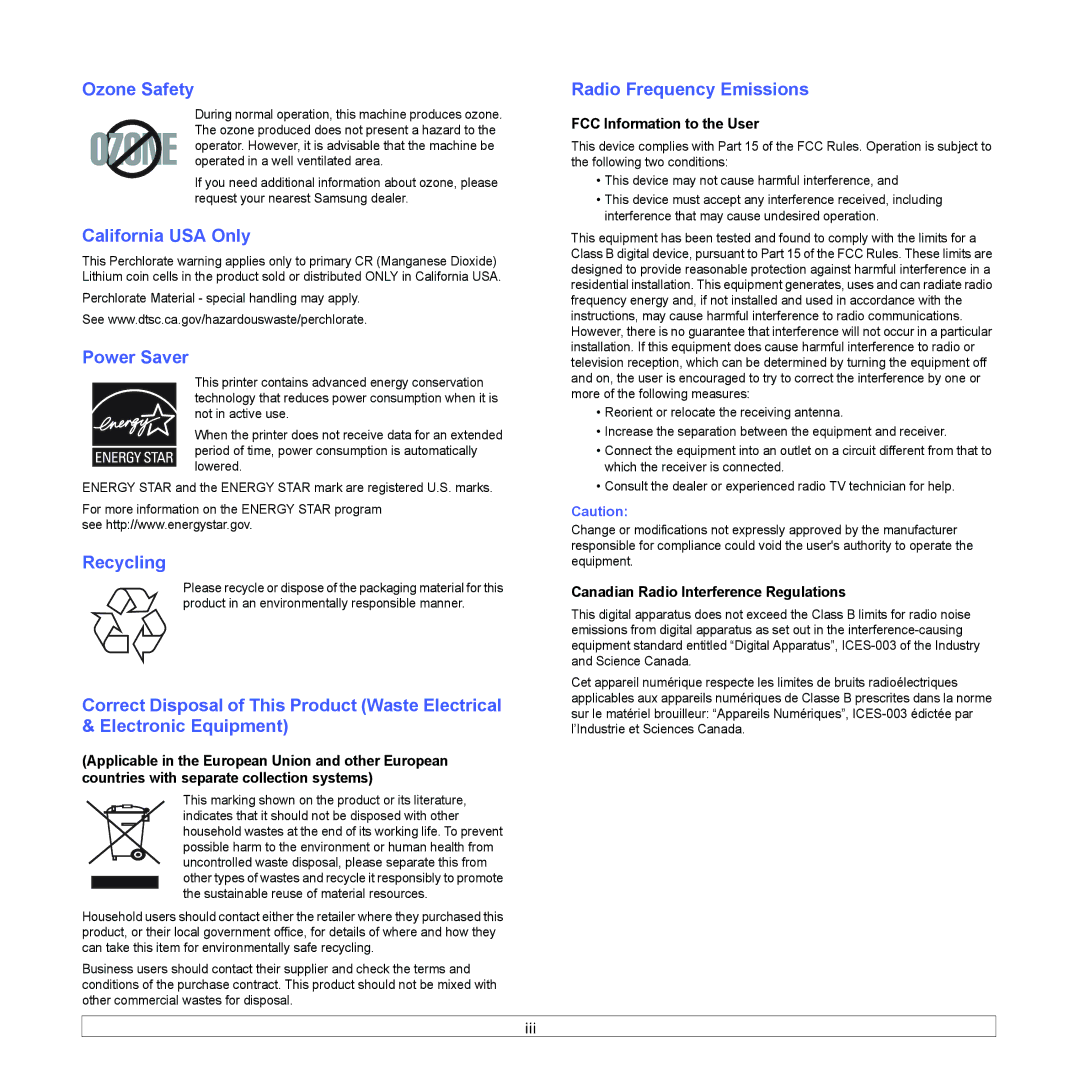 Samsung SCX-4500 manual Ozone Safety, California USA Only, Power Saver, Recycling, Radio Frequency Emissions 