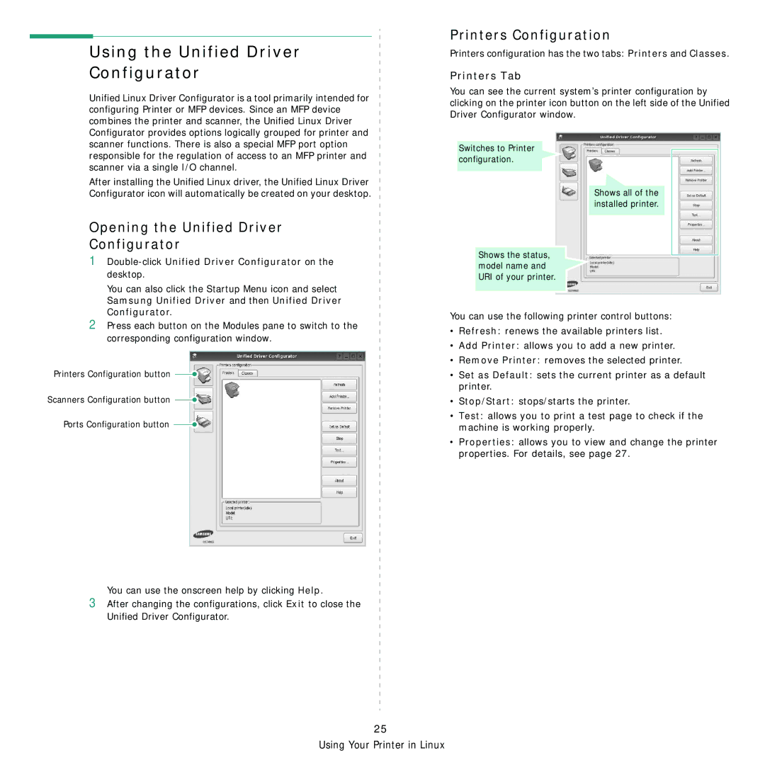 Samsung SCX-4500 Using the Unified Driver Configurator, Printers Configuration, Opening the Unified Driver Configurator 