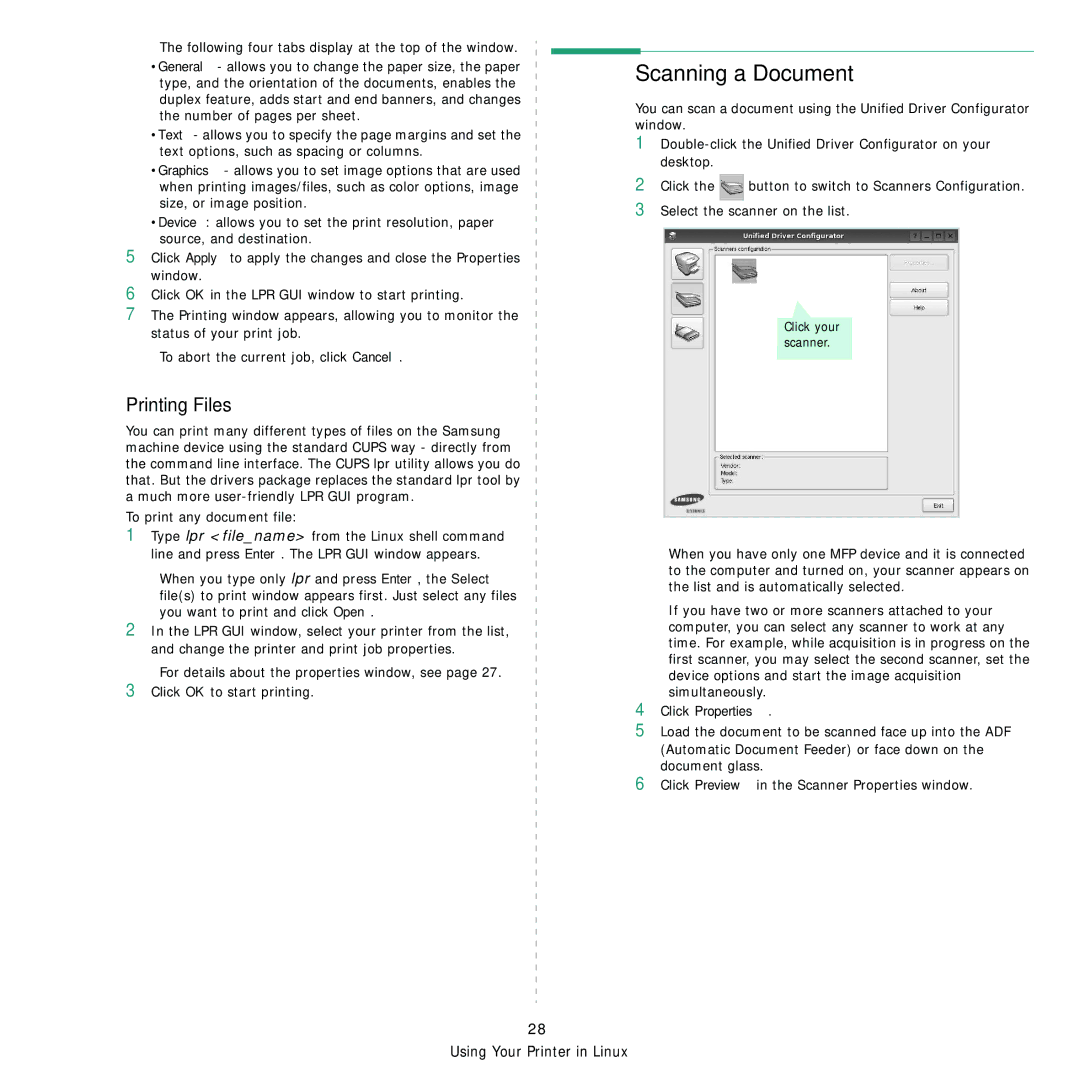 Samsung SCX-4500 manual Scanning a Document, Printing Files, Click Properties 