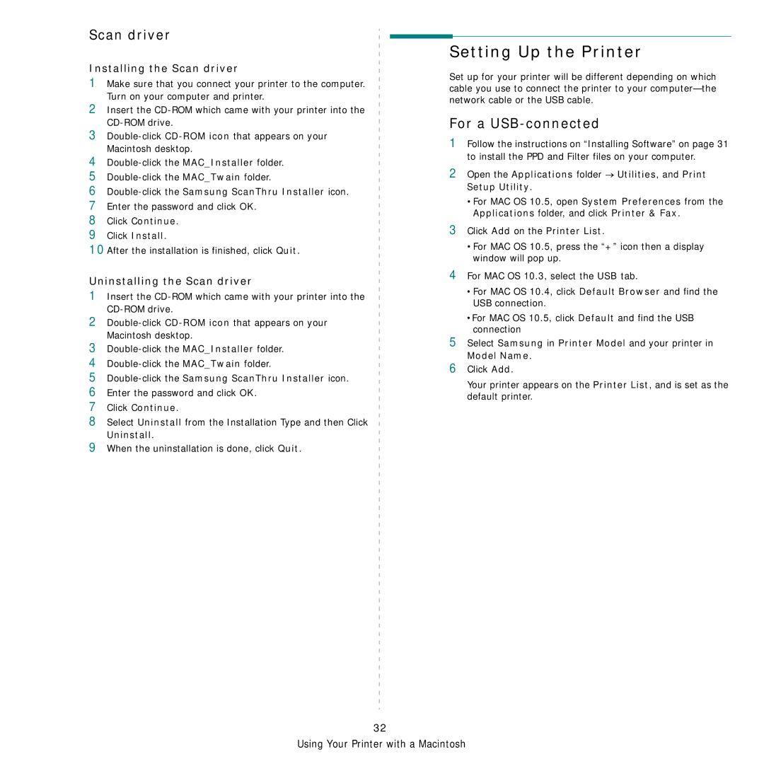 Samsung SCX-4500 manual Setting Up the Printer, Scan driver, For a USB-connected 