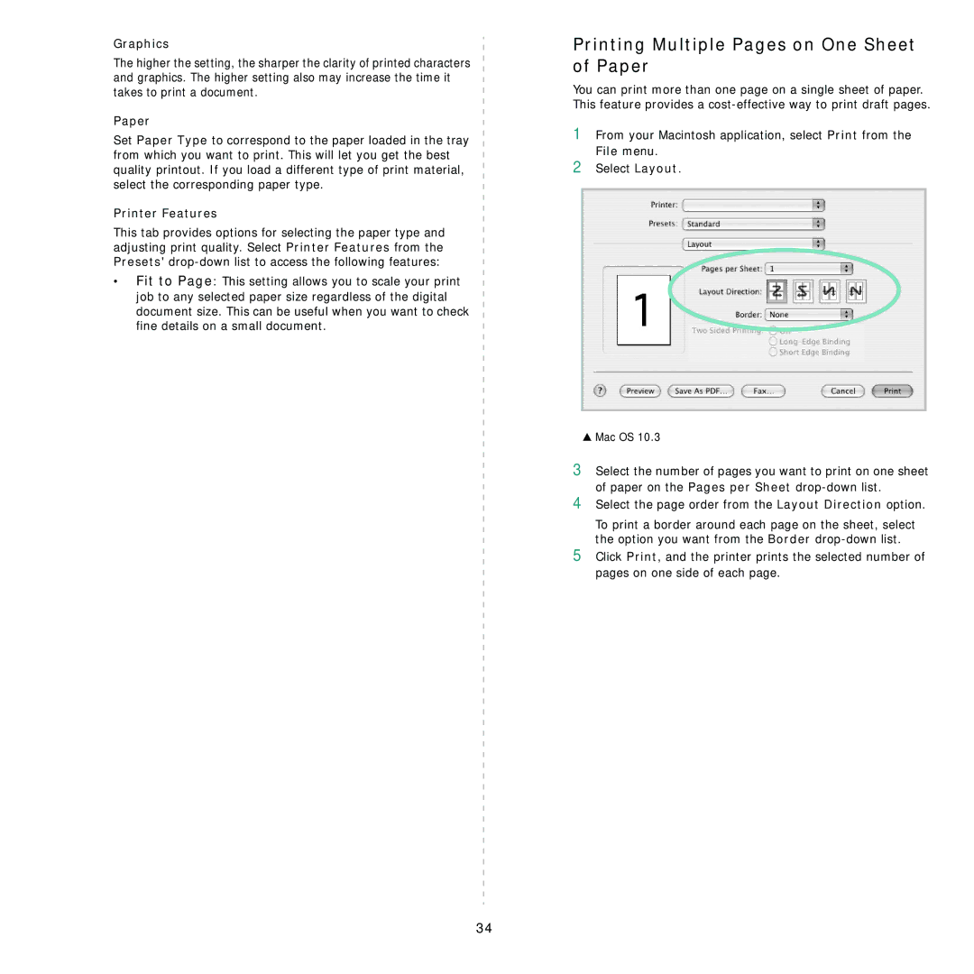 Samsung SCX-4500 manual Printing Multiple Pages on One Sheet of Paper, Graphics, Printer Features 