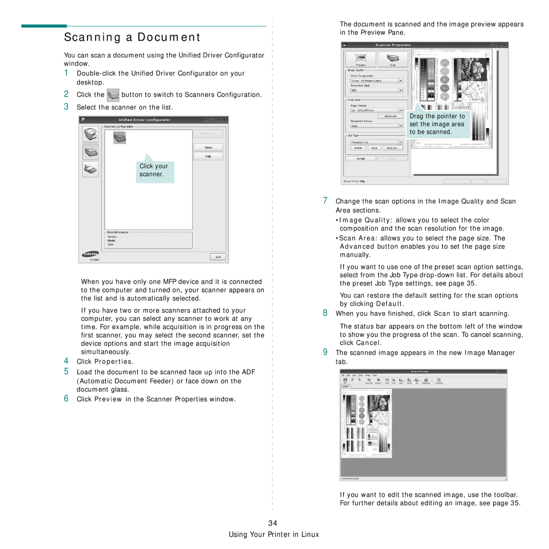 Samsung SCX-4500W manual Scanning a Document, Click Properties 