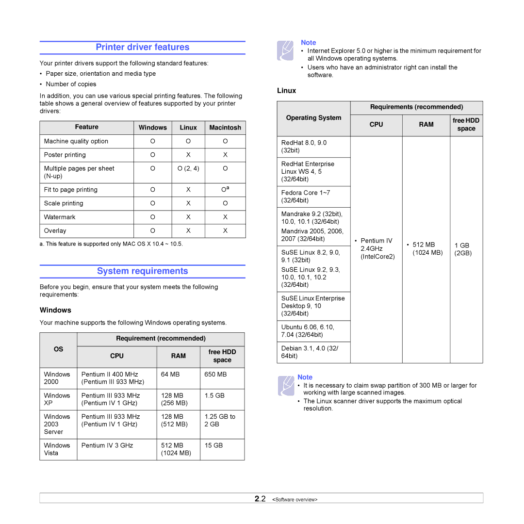 Samsung SCX-4500W manual Printer driver features, System requirements 