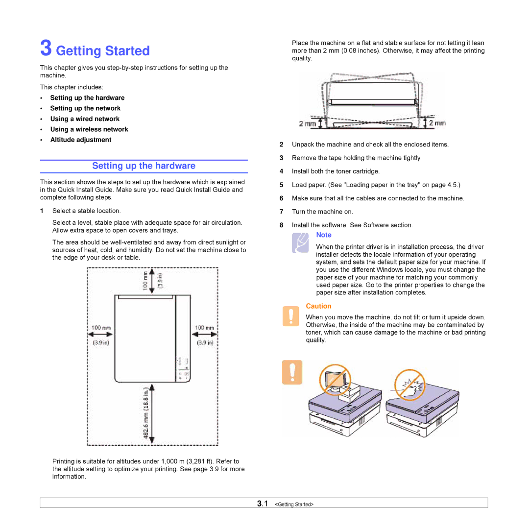 Samsung SCX-4500W manual Getting Started, Setting up the hardware 