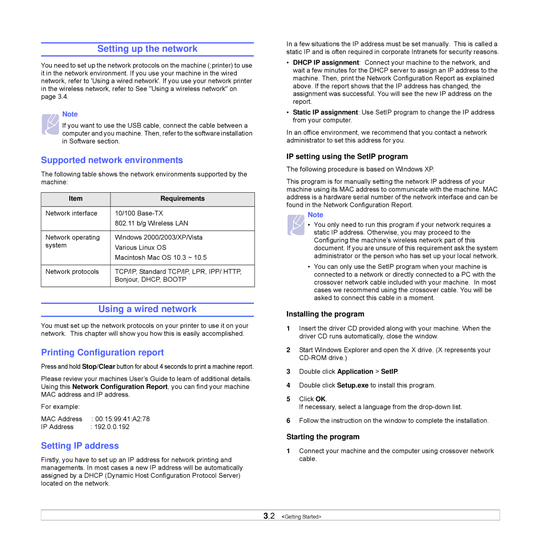 Samsung SCX-4500W manual Setting up the network, Using a wired network, Supported network environments, Setting IP address 