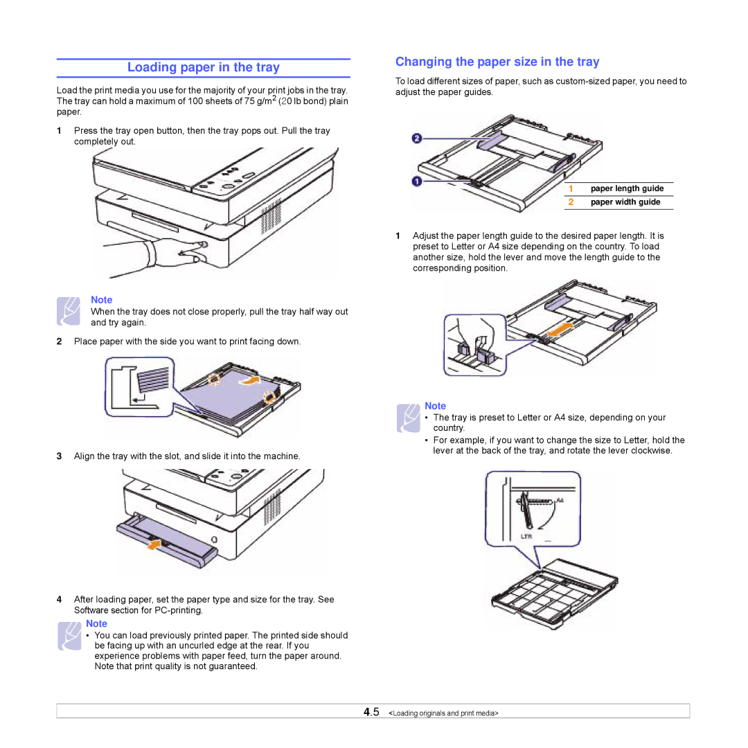 Samsung SCX-4500W manual Loading paper in the tray, Changing the paper size in the tray 