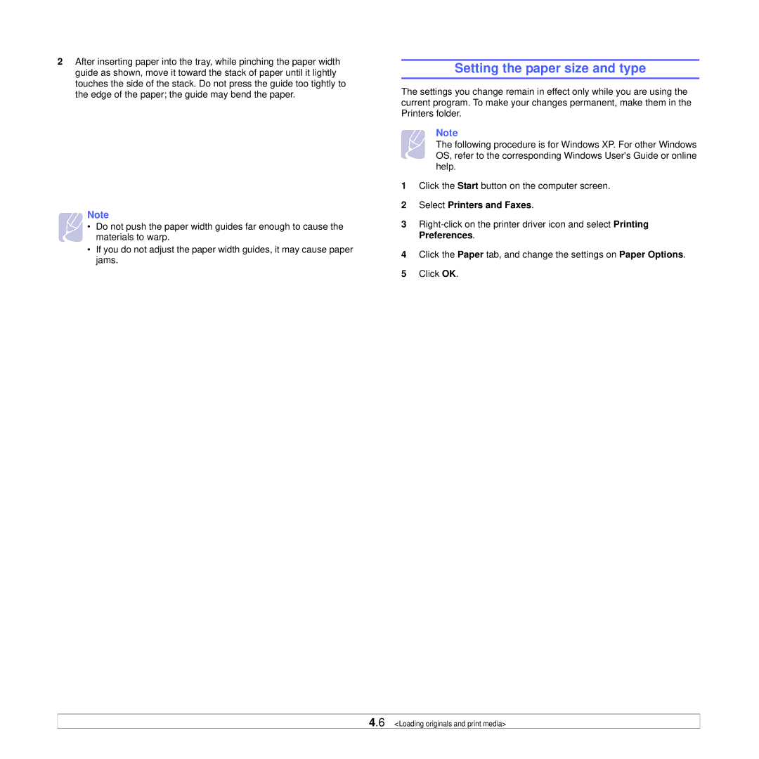 Samsung SCX-4500W manual Setting the paper size and type, Select Printers and Faxes 