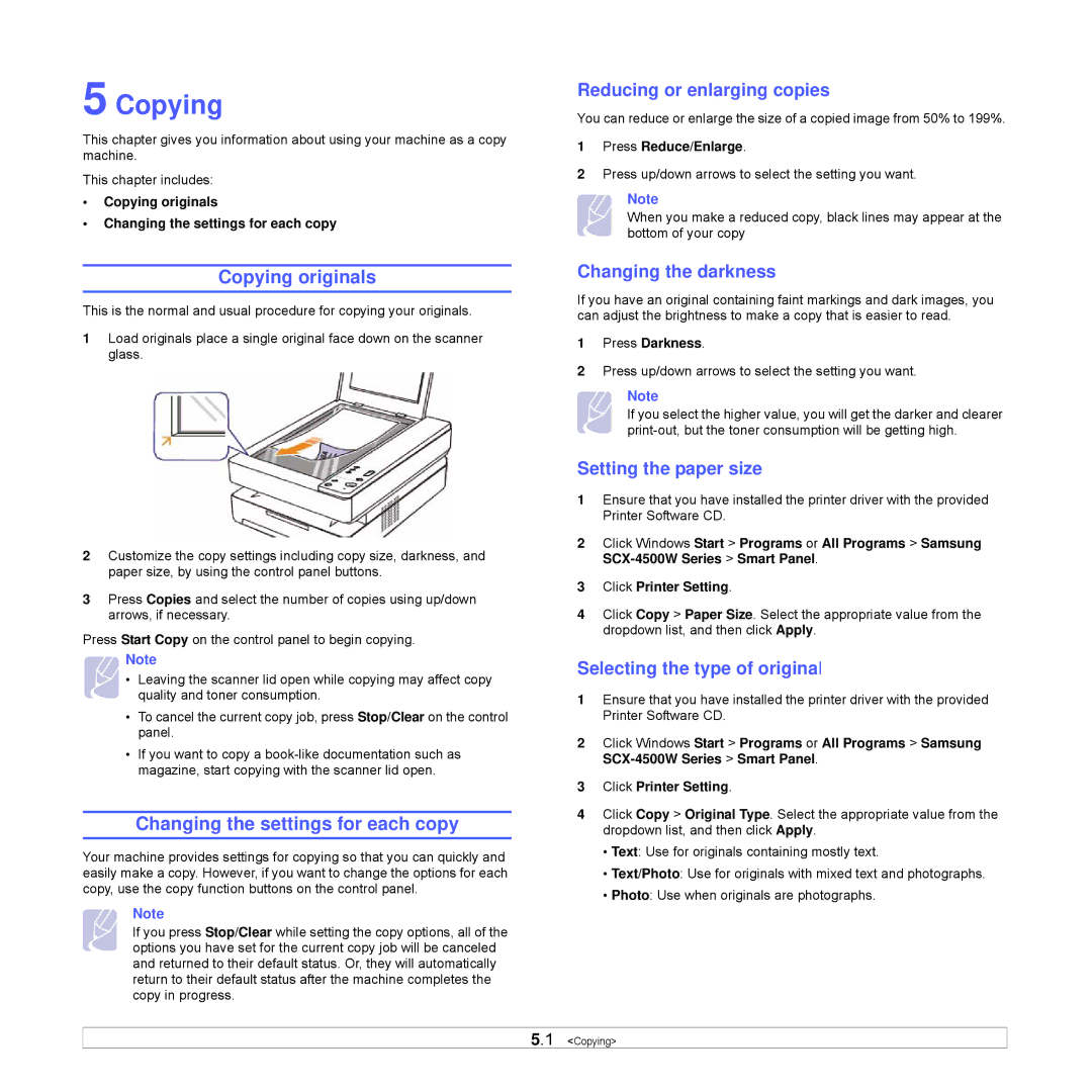 Samsung SCX-4500W manual Copying originals, Changing the settings for each copy 