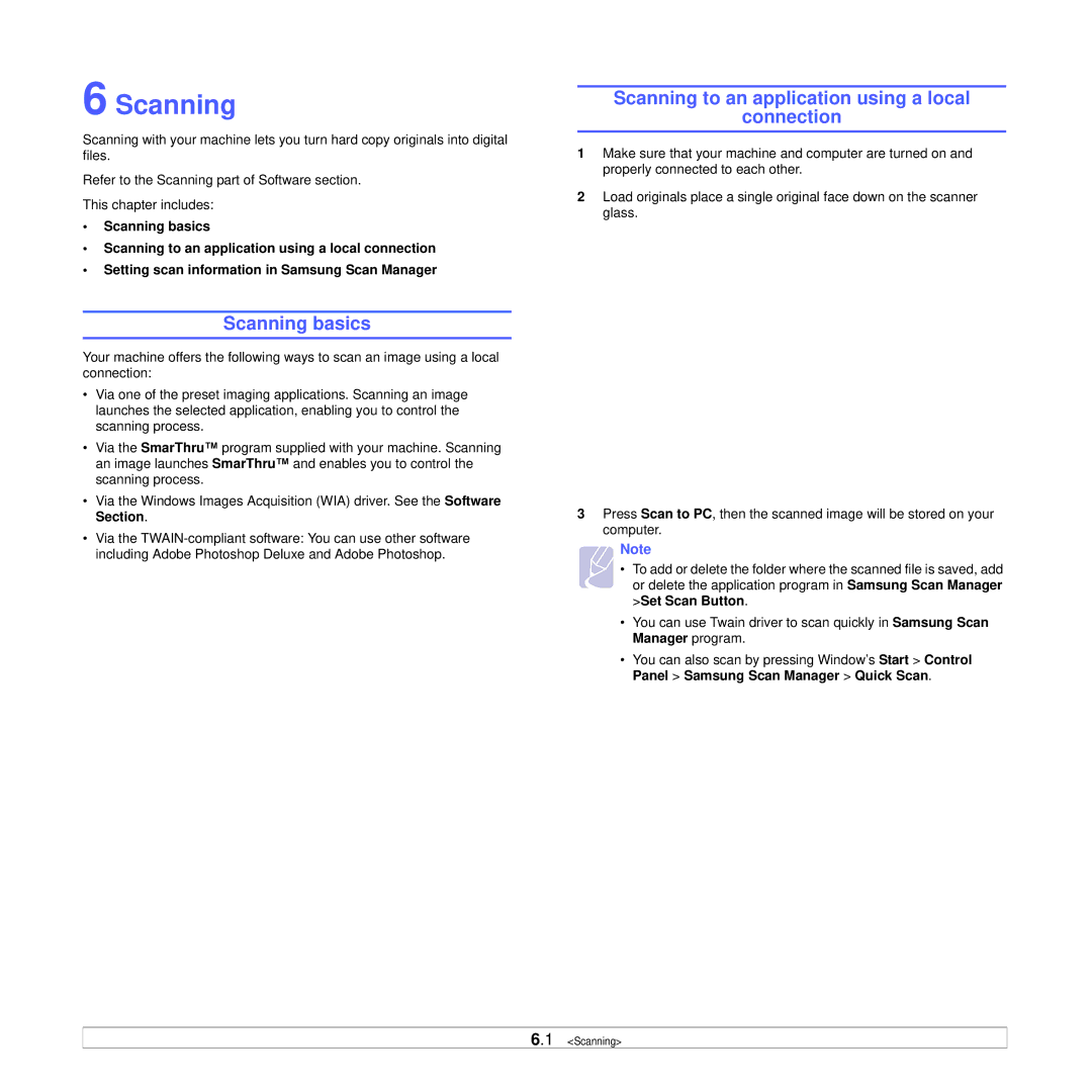 Samsung SCX-4500W manual Scanning basics, Scanning to an application using a local Connection 