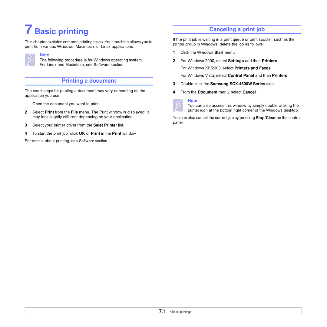 Samsung SCX-4500W manual Basic printing, Printing a document, Canceling a print job 