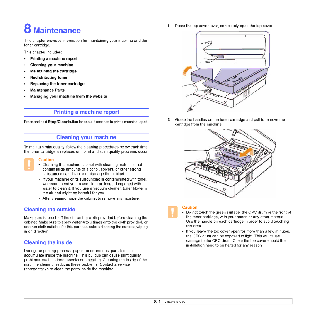 Samsung SCX-4500W Maintenance, Printing a machine report, Cleaning your machine, Cleaning the outside, Cleaning the inside 