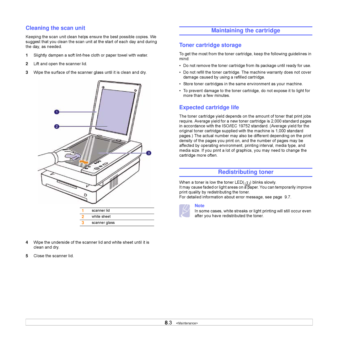 Samsung SCX-4500W manual Maintaining the cartridge, Redistributing toner, Cleaning the scan unit, Toner cartridge storage 