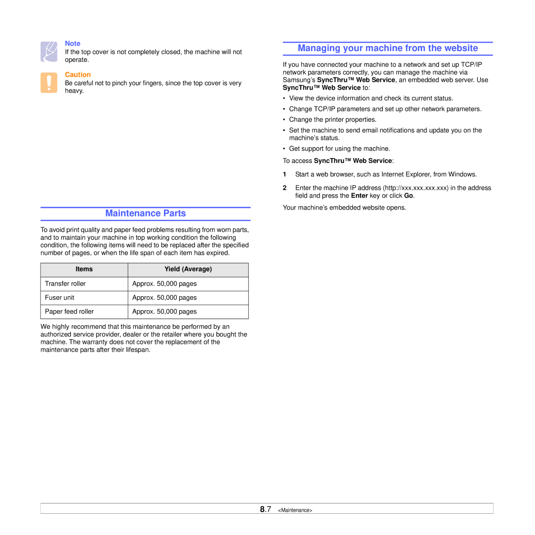 Samsung SCX-4500W manual Maintenance Parts, Managing your machine from the website, Items Yield Average 