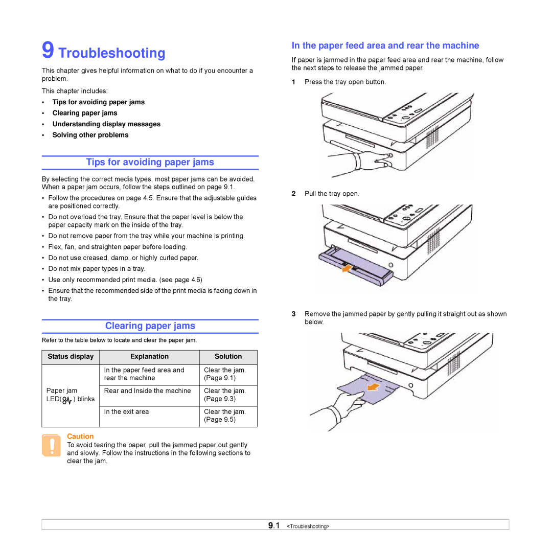 Samsung SCX-4500W Troubleshooting, Tips for avoiding paper jams, Clearing paper jams, Paper feed area and rear the machine 