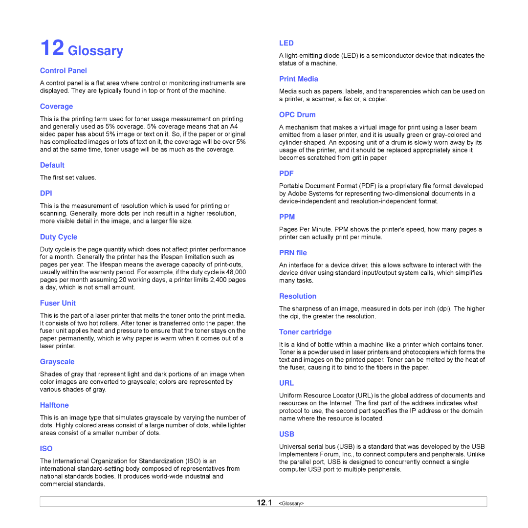 Samsung SCX-4500W manual Glossary, Control Panel 