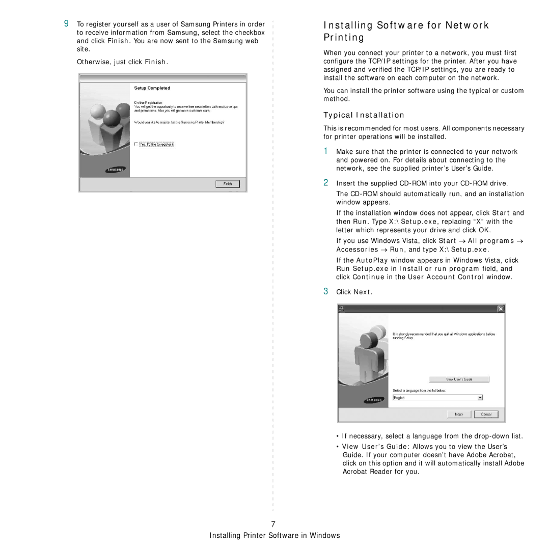 Samsung SCX-4500W manual Installing Software for Network Printing 