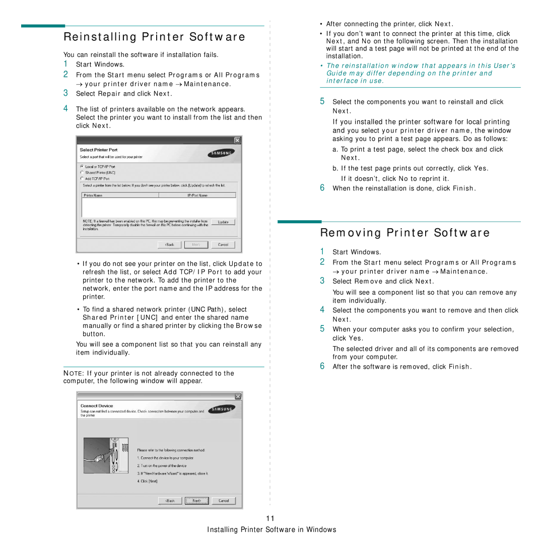 Samsung SCX-4500W manual Reinstalling Printer Software, Removing Printer Software 