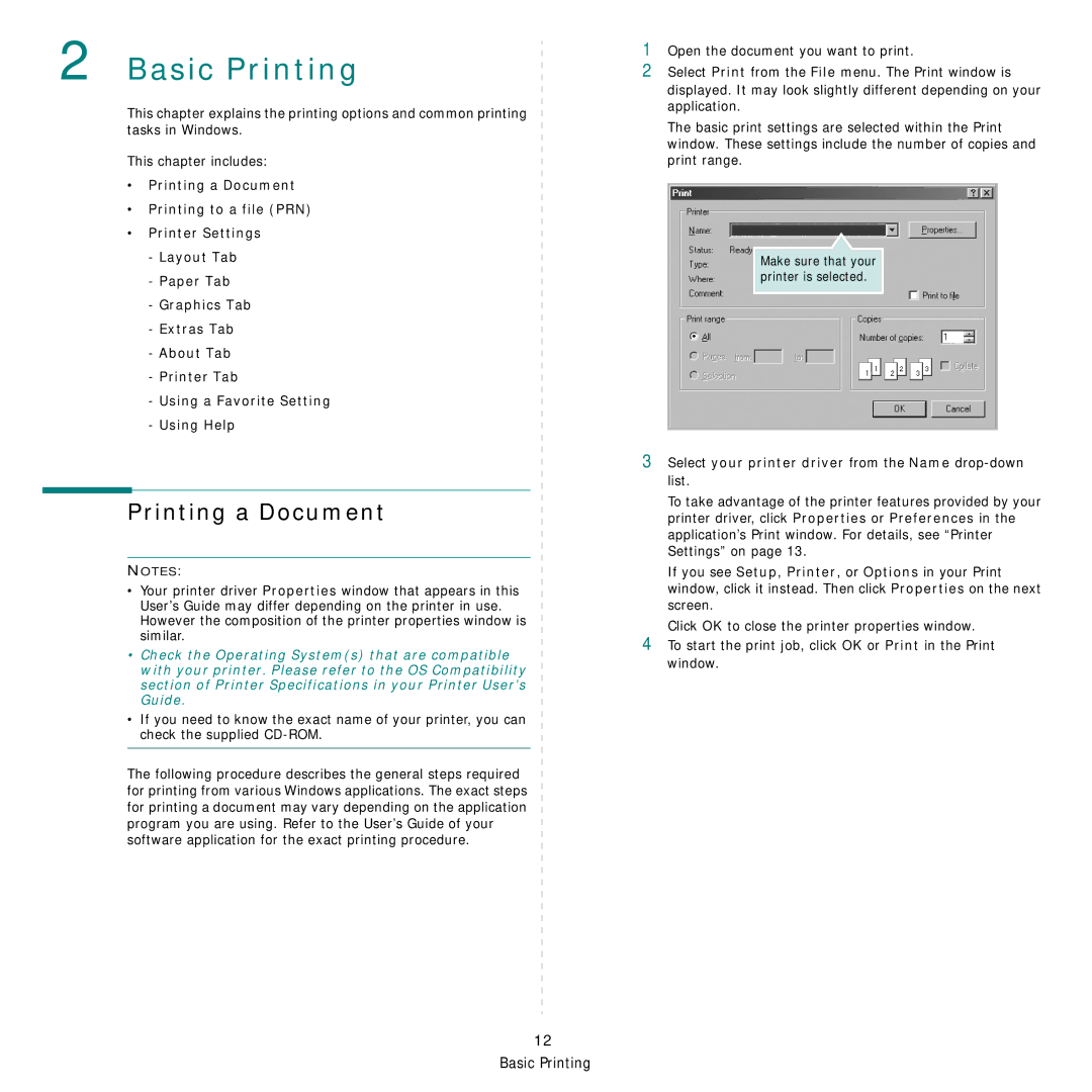 Samsung SCX-4500W manual Printing a Document, Select your printer driver from the Name drop-down list 