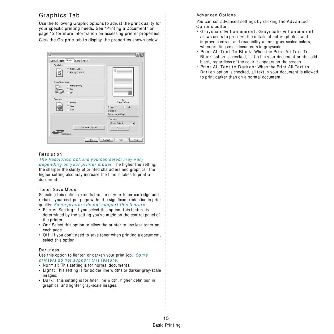 Samsung SCX-4500W manual Graphics Tab, Resolution, Toner Save Mode, Darkness, Advanced Options 