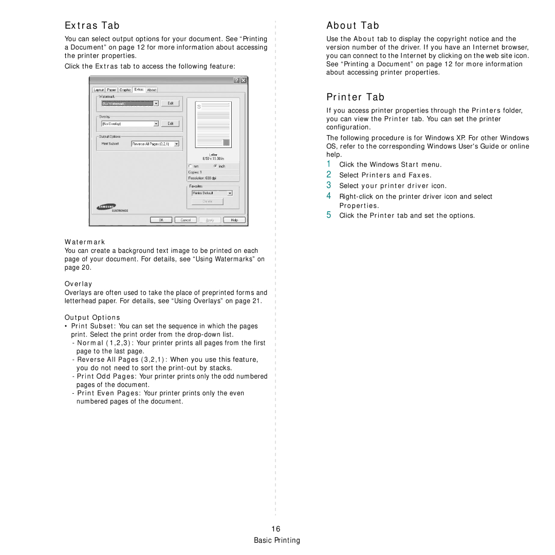 Samsung SCX-4500W manual Extras Tab, About Tab, Printer Tab 