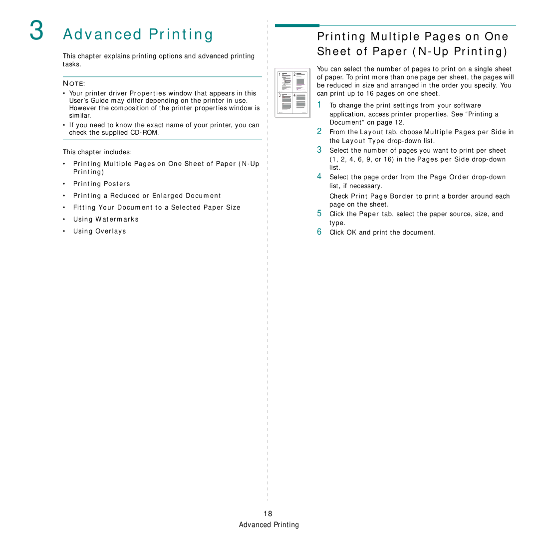 Samsung SCX-4500W manual Advanced Printing, Printing Multiple Pages on One Sheet of Paper N-Up Printing 