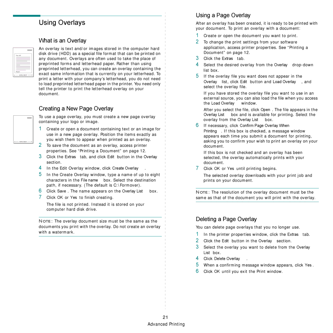 Samsung SCX-4500W manual Using Overlays, What is an Overlay?, Using a Page Overlay, Creating a New Page Overlay 