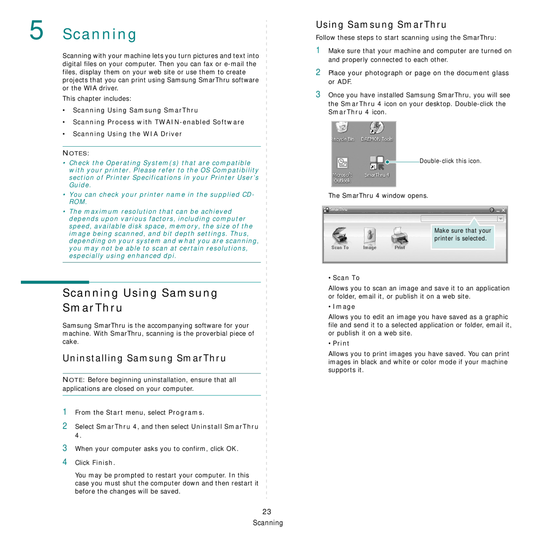 Samsung SCX-4500W manual Scanning Using Samsung SmarThru, Uninstalling Samsung SmarThru 