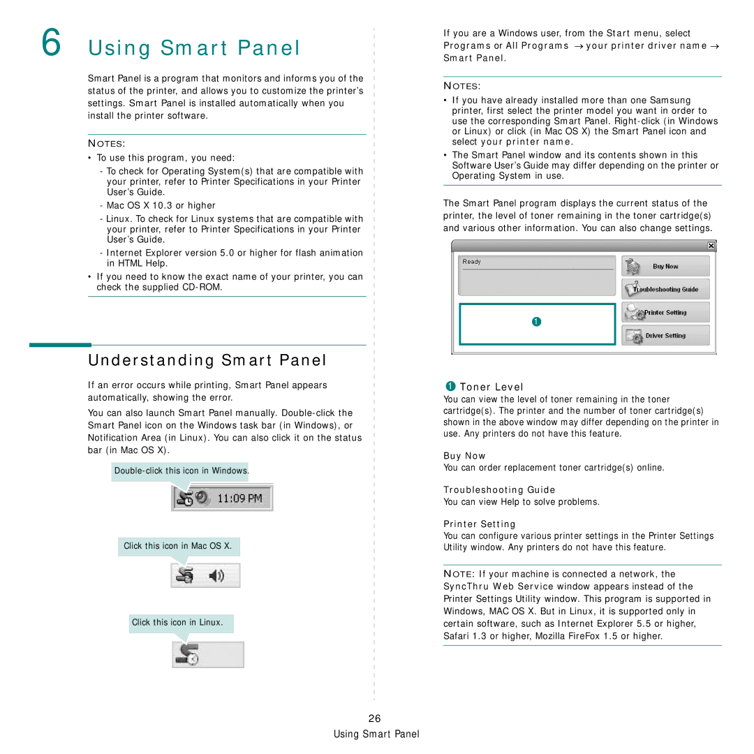 Samsung SCX-4500W manual Understanding Smart Panel, Buy Now, Troubleshooting Guide, Printer Setting 