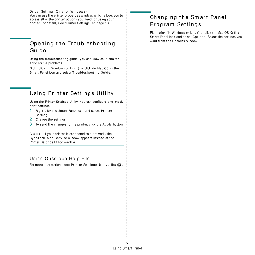 Samsung SCX-4500W manual Opening the Troubleshooting Guide, Using Printer Settings Utility, Driver Setting Only for Windows 