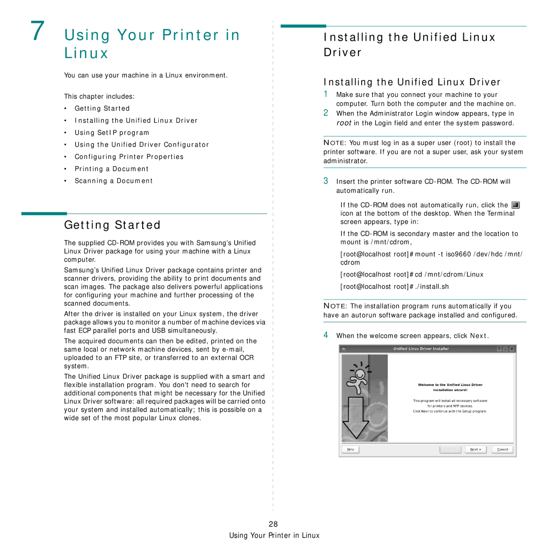 Samsung SCX-4500W manual Getting Started, Installing the Unified Linux Driver 